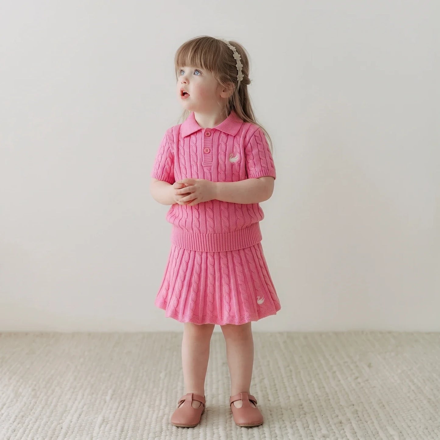 Cable Knit Polo Sweater in Rose Pink