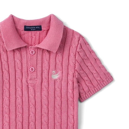 Cable Knit Polo Sweater in Rose Pink