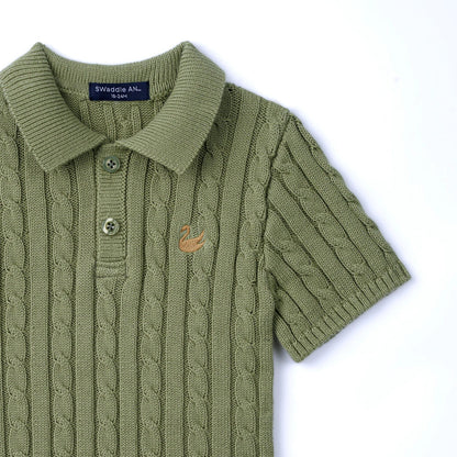 Cable Knit Polo Sweater in Sage Green