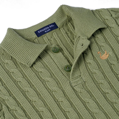 Cable Knit Polo Sweater in Sage Green