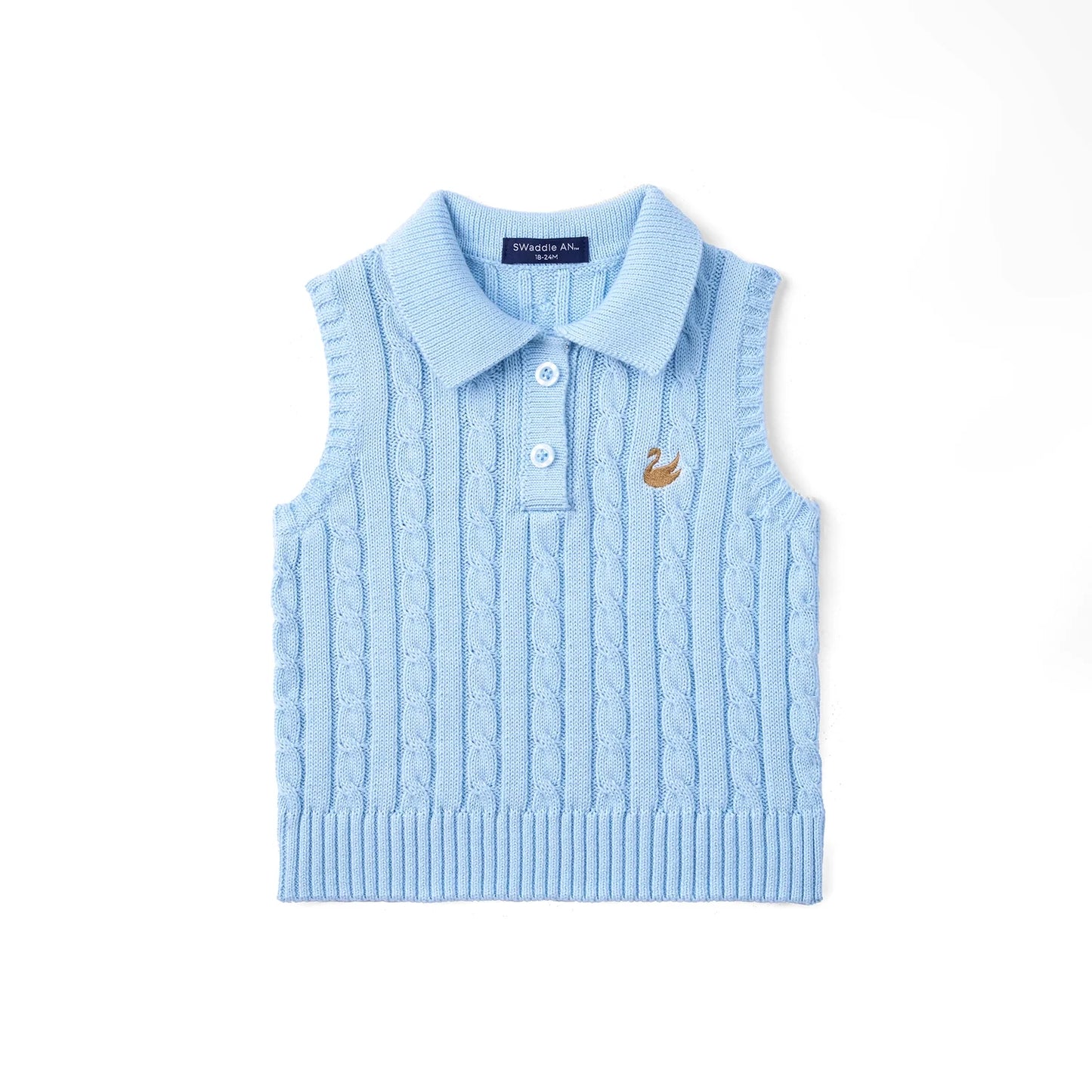 Cable Knit Sleeveless Polo Shirt in Baby Blue