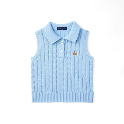 Cable Knit Sleeveless Polo Shirt in Baby Blue