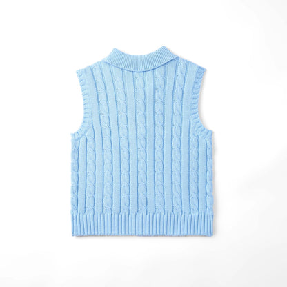 Cable Knit Sleeveless Polo Shirt in Baby Blue