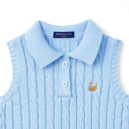 Cable Knit Sleeveless Polo Shirt in Baby Blue