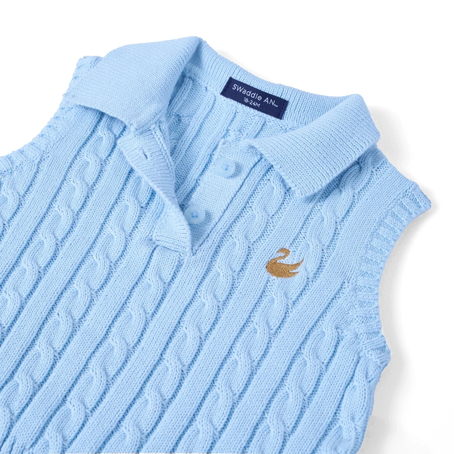 Cable Knit Sleeveless Polo Shirt in Baby Blue