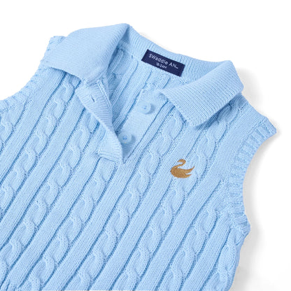 Cable Knit Sleeveless Polo Shirt in Baby Blue