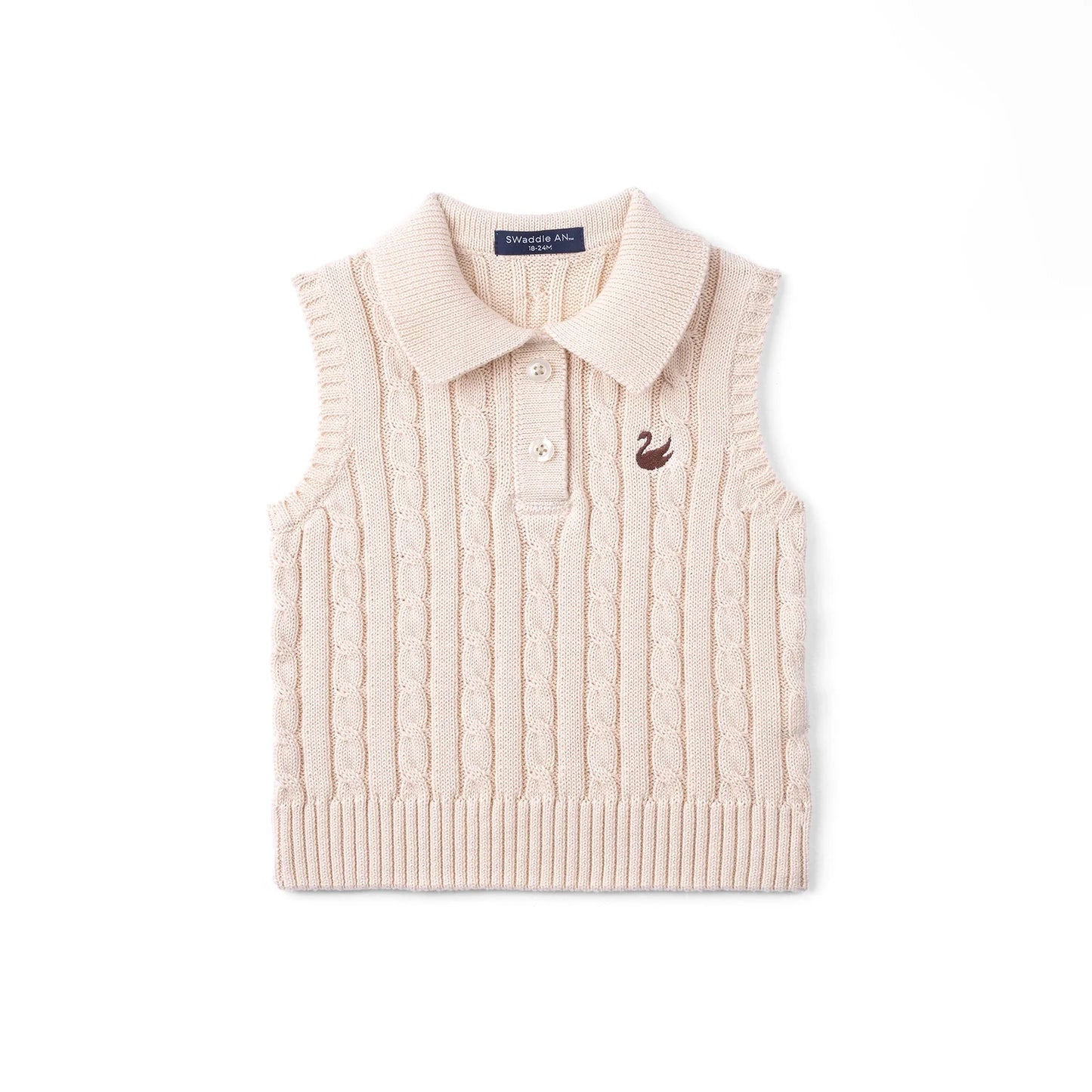 Cable Knit Sleeveless Polo Shirt in Beige