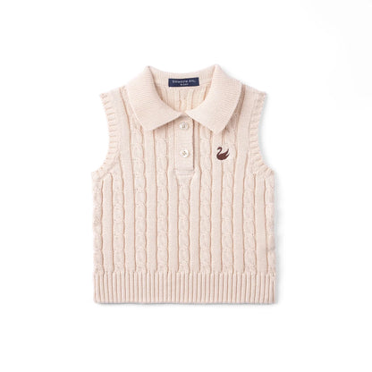 Cable Knit Sleeveless Polo Shirt in Beige