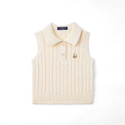Cable Knit Sleeveless Polo Shirt in Cream