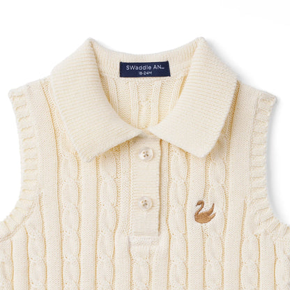 Cable Knit Sleeveless Polo Shirt in Cream