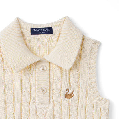 Cable Knit Sleeveless Polo Shirt in Cream