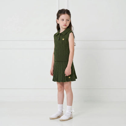 Cable Knit Sleeveless Polo Shirt in Forest Green