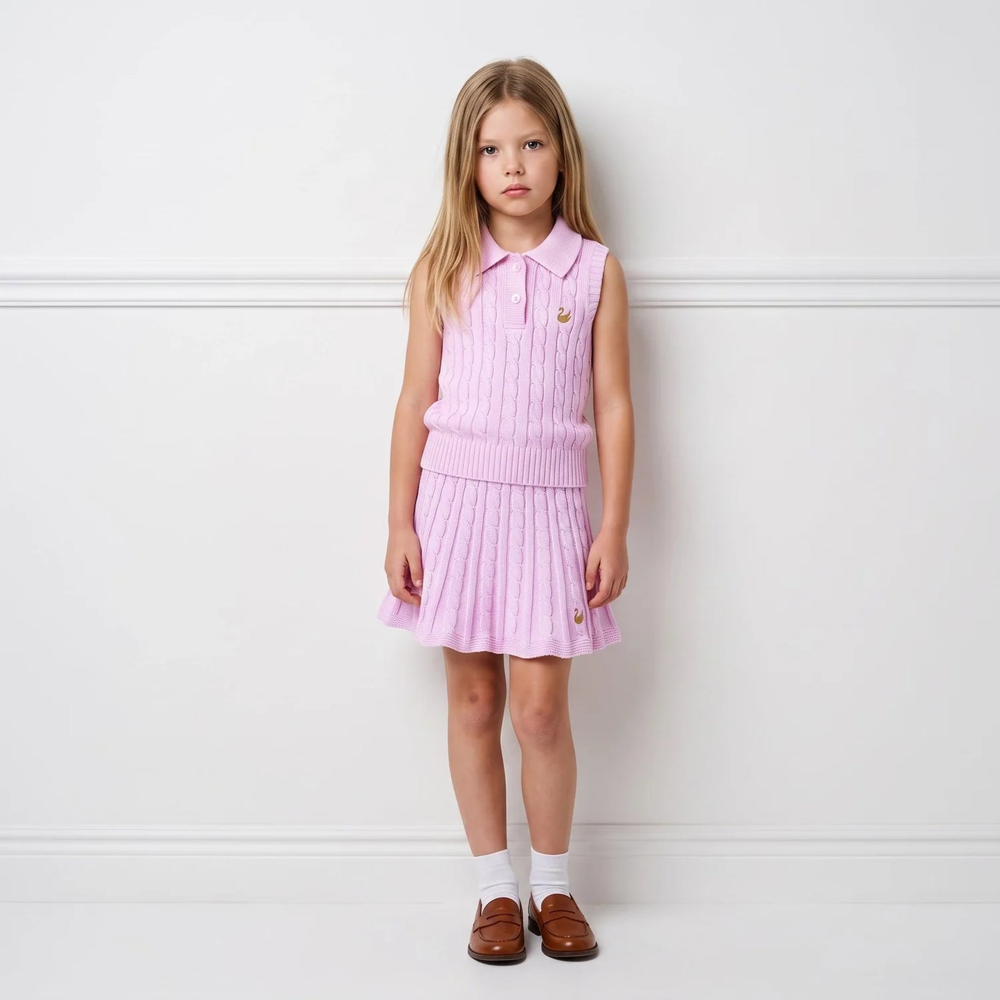 Cable Knit Sleeveless Polo Shirt in Lilac