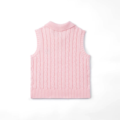 Cable Knit Sleeveless Polo Shirt in Pink