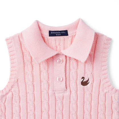 Cable Knit Sleeveless Polo Shirt in Pink