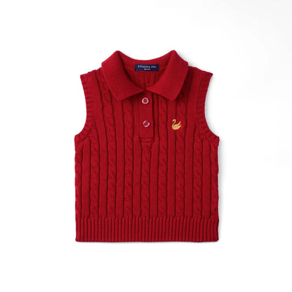 Cable Knit Sleeveless Polo Shirt in Red Xmas
