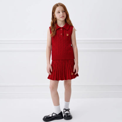 Cable Knit Sleeveless Polo Shirt in Red Xmas