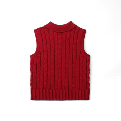 Cable Knit Sleeveless Polo Shirt in Red Xmas