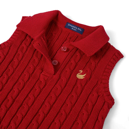 Cable Knit Sleeveless Polo Shirt in Red Xmas