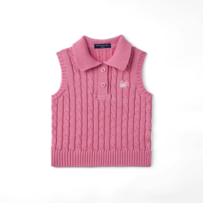 Cable Knit Sleeveless Polo Shirt in Rose Pink