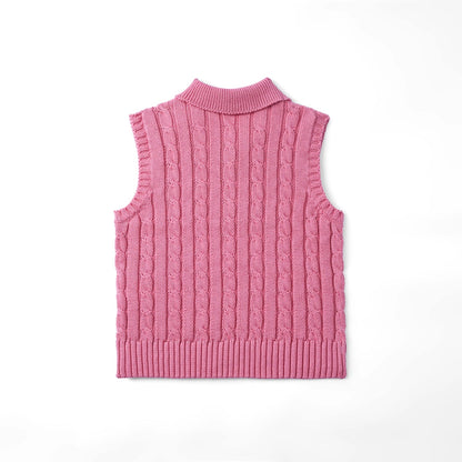 Cable Knit Sleeveless Polo Shirt in Rose Pink