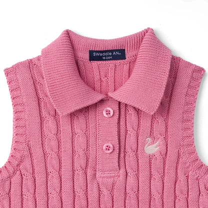Cable Knit Sleeveless Polo Shirt in Rose Pink