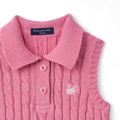Cable Knit Sleeveless Polo Shirt in Rose Pink