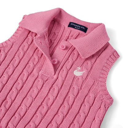 Cable Knit Sleeveless Polo Shirt in Rose Pink