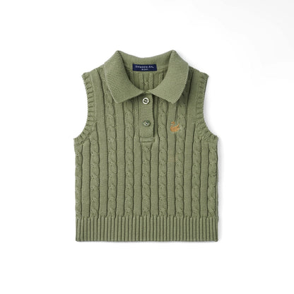 Cable Knit Sleeveless Polo Shirt in Sage Green
