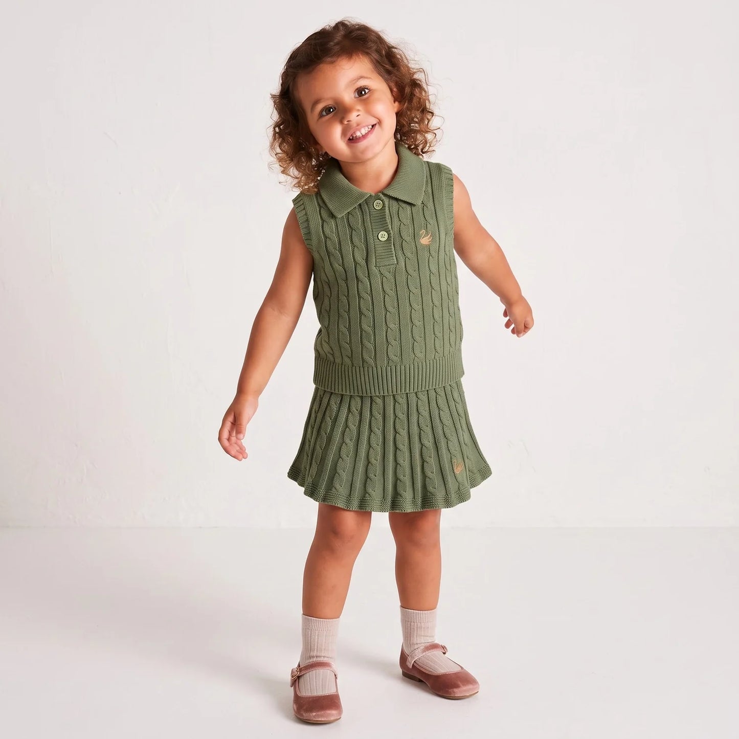Cable Knit Sleeveless Polo Shirt in Sage Green