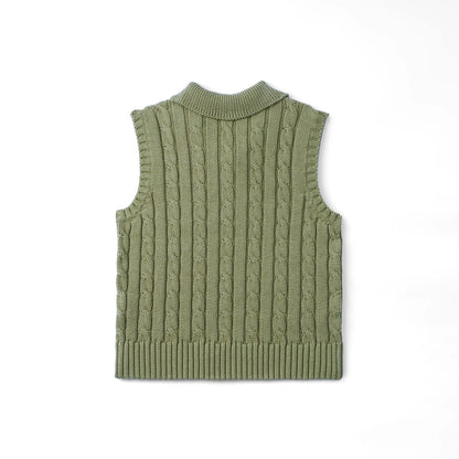 Cable Knit Sleeveless Polo Shirt in Sage Green