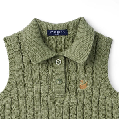 Cable Knit Sleeveless Polo Shirt in Sage Green