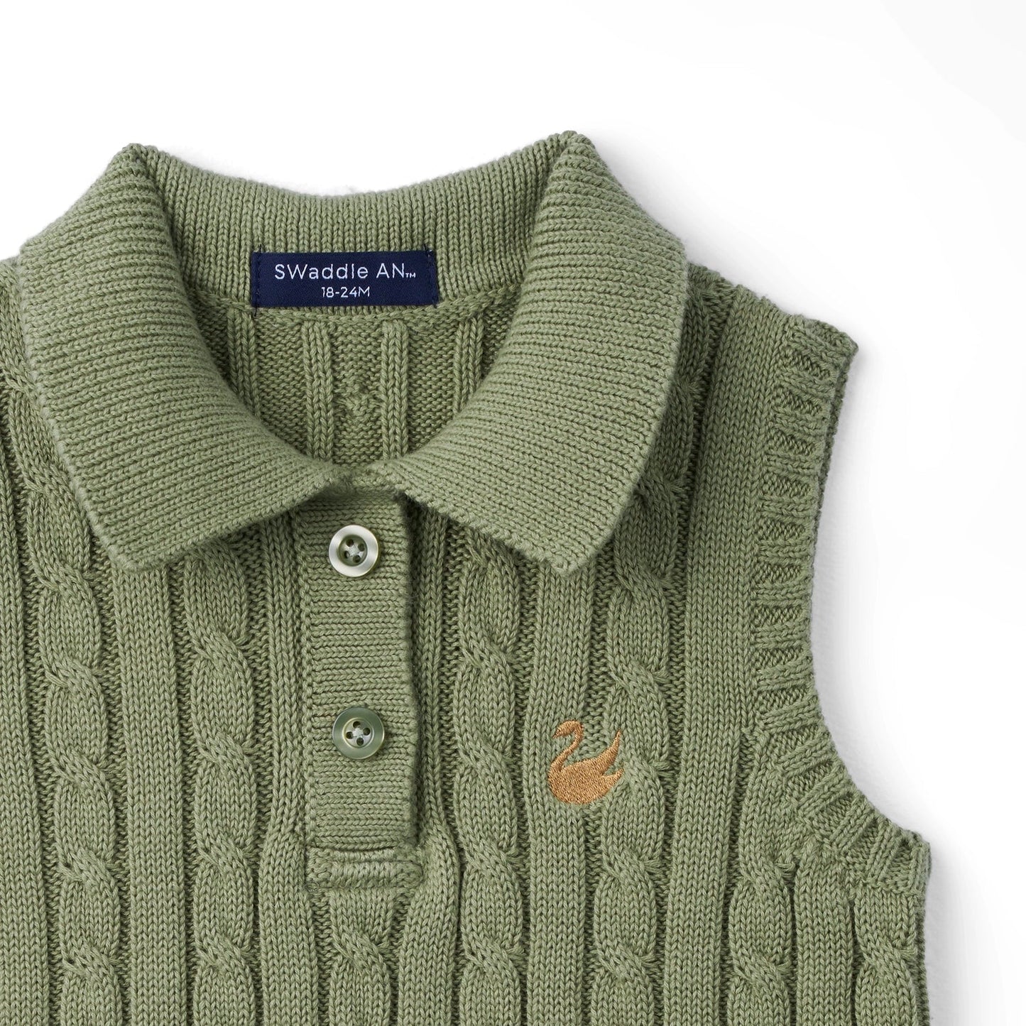 Cable Knit Sleeveless Polo Shirt in Sage Green