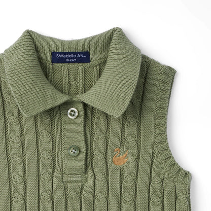 Cable Knit Sleeveless Polo Shirt in Sage Green