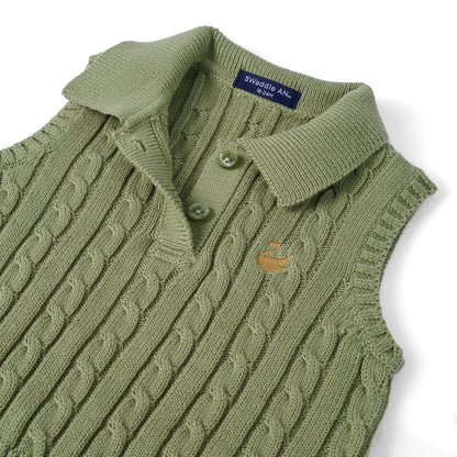 Cable Knit Sleeveless Polo Shirt in Sage Green