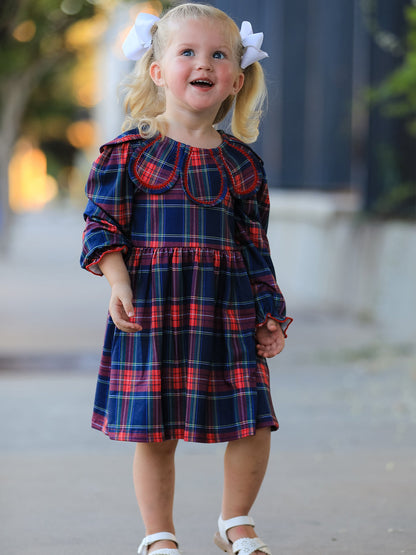 Fall Plaid Girl Dress Petal Collar Puff Sleeve Long Sleeve
