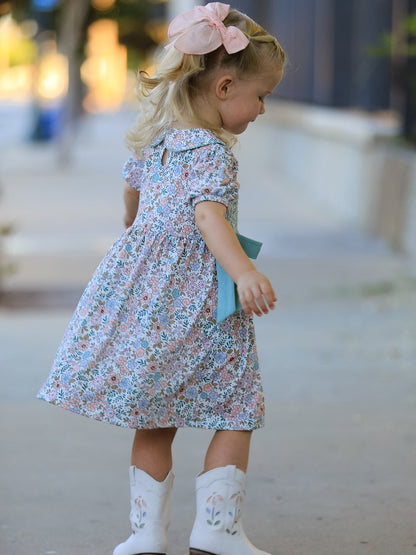 Sage Green Bow Floral Smocked Girl Dress