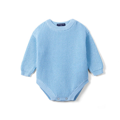 Classic Chunky Knit Baby Romper in Baby Blue