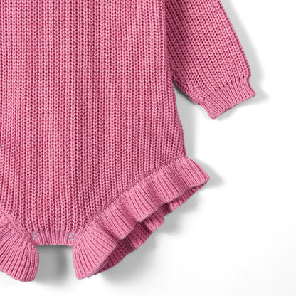 Ruffle Chunky Knit Baby Romper in Rose Pink