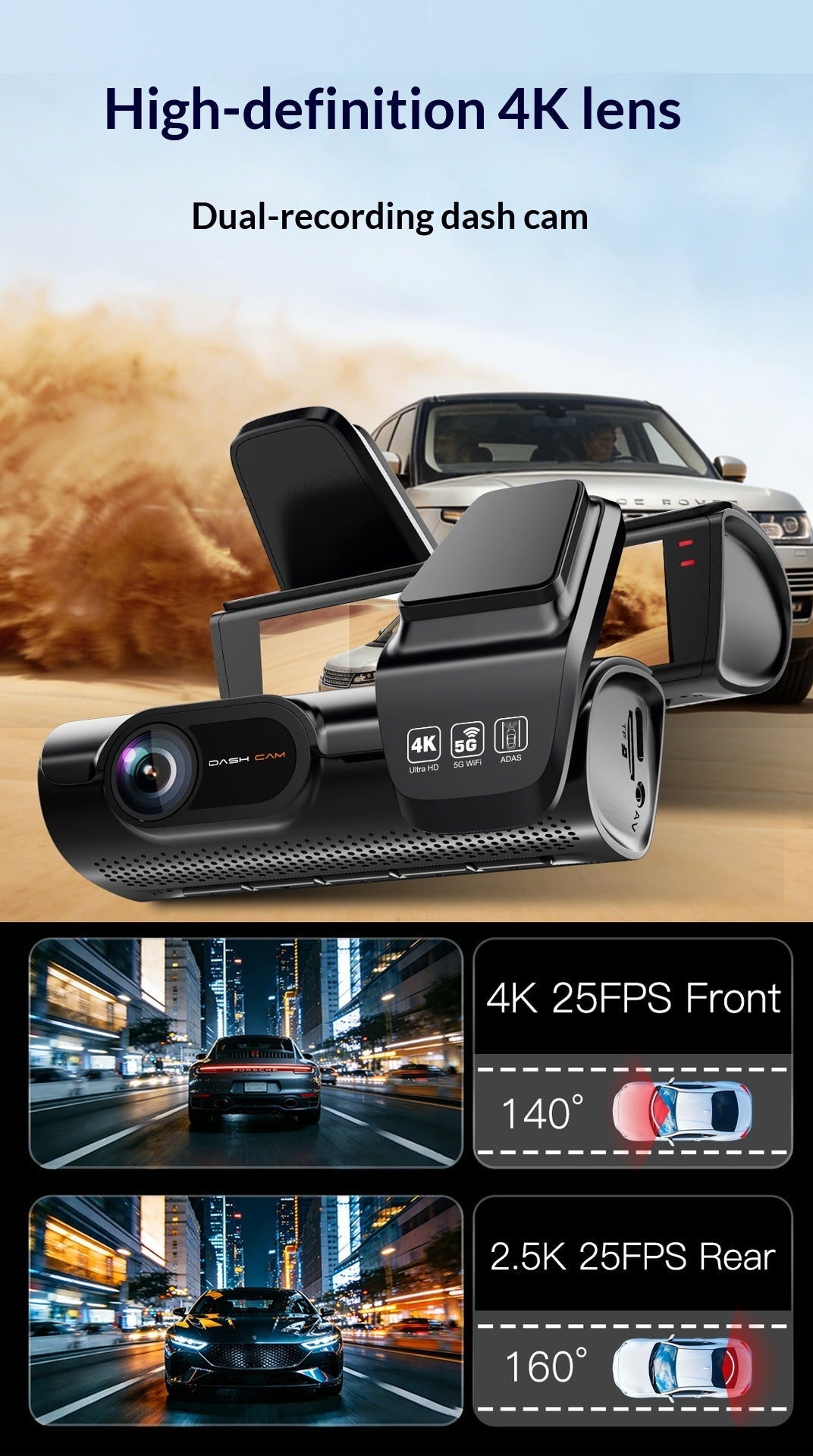 4K Dual Front & Rear Dash Cam, High Definition Car DVR Recorder