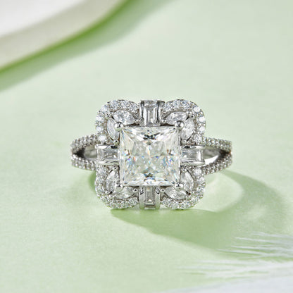S925 Sterling Silver 2ct Princess Cut Moissanite Ring, D-VVS1 Cluster Halo With Split Shank, Platinum Plated US Sizes 5-9, GRA Certificate Gift Box
