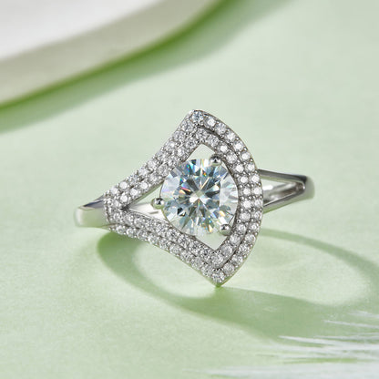 S925 Sterling Silver 1ct Moissanite Ring, D-VVS1 Round Cut Geometric V-Halo, Platinum Plated 3g US 5-9 GRA Gift Box
