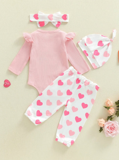 Long-sleeved Onesie With Long Pants Hat Hairband, Four-piece Set