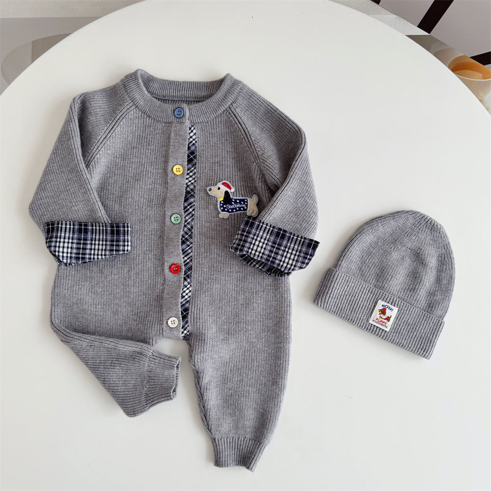 Trendy Knitted Wool Romper Two-piece Set Dachshund-themed Onesie
