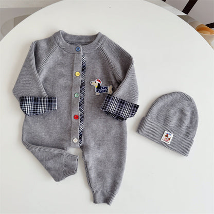 Trendy Knitted Wool Romper Two-piece Set Dachshund-themed Onesie
