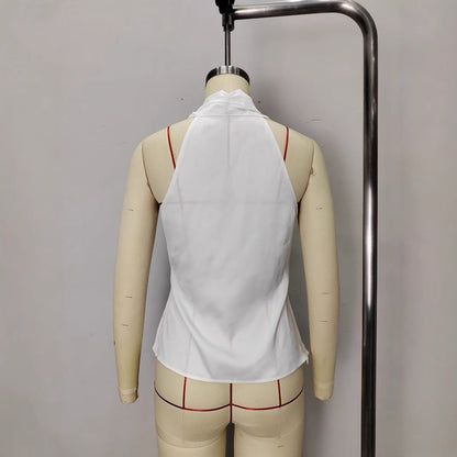 French-style Satin V-neck Slim-fit Sleeveless Blouse With Tie Detailing