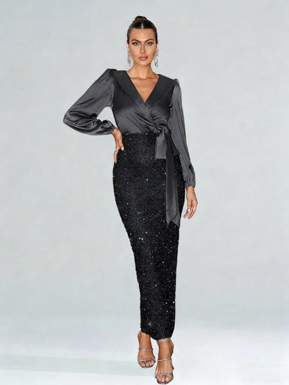 Surplice Neck Knot Side Split Back Sequin Dress Black Elegant Long Sleeve Formal Evening Prom Wedding Guest Gown For Graduation Dinner Party Dress