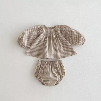 Embroidered Plaid Baby Girl Bloomers Set Cotton