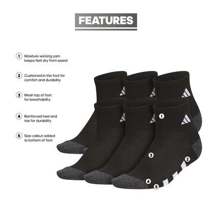 adidas Athletic Cushioned Quarter Socks (6-Pair) for Kids, Boys and Girls, Above The Ankle Fit, Durable Fabric Medium Black/Onix Grey/White - # BOAA11810006