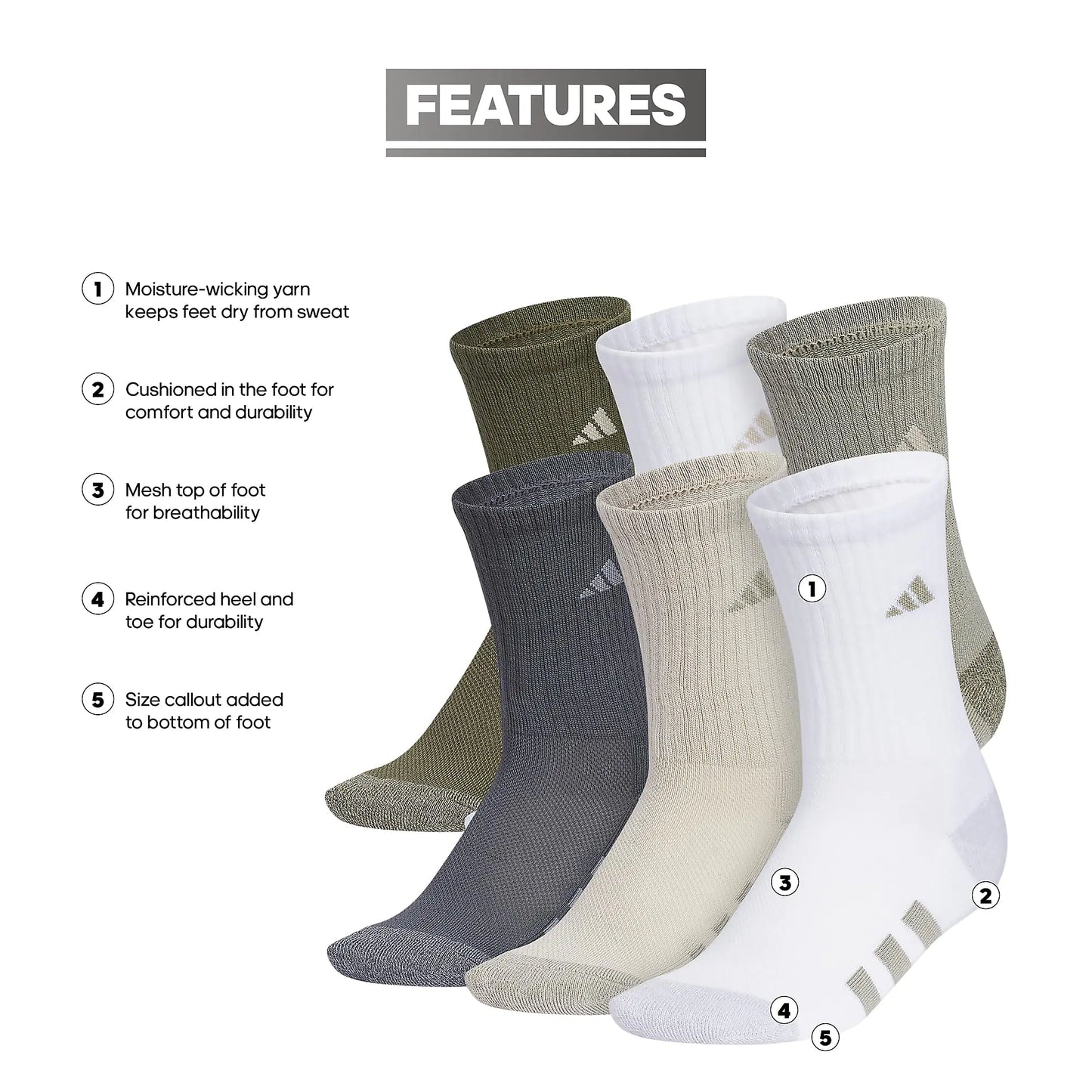 Adidas Boys Athletic Cushioned Crew Socks | 6-Pairs| For Kids, Boys and Girls | Durable, breathable fabric ready for Sport | Medium | Silver Pebble Grey/Putty Grey/White - # BOAA13810003 & BOAA12810004 & BOAA11810001